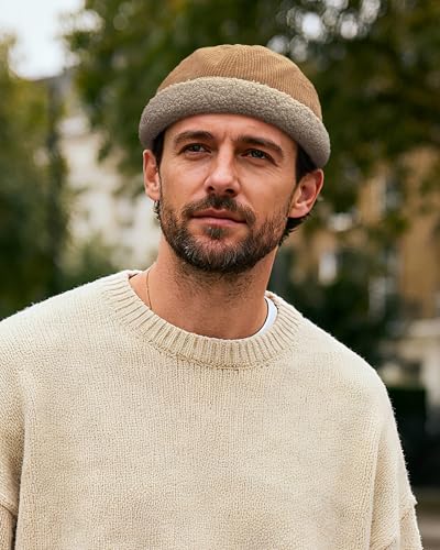 Croogo Corduroy Brimless Hat Winter Warm Docker Hat Rolled Cuff Docker Cap Adjustable Worker Cap Unisex - color: Khaki