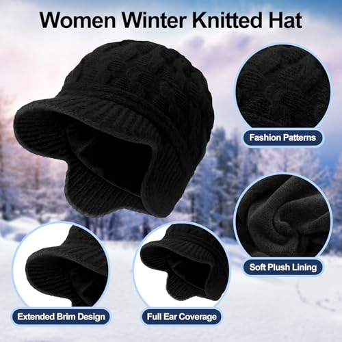 Jenaai Winter Beanie with Brim and Earflap for Woman Outdoor Warm Thermal Knitted Hat for Women Men Cold Weather - color: Black