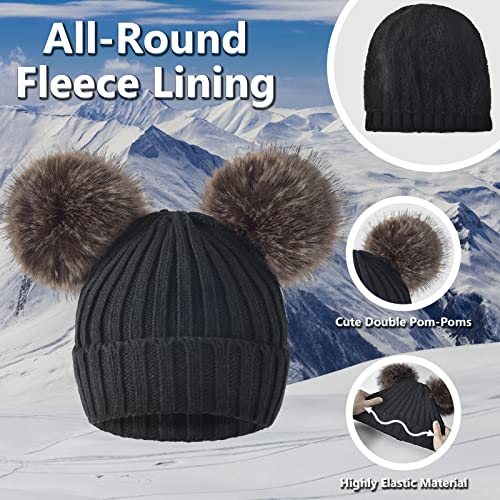 3 Pcs Women Winter Knit Beanie Hat Scarf Touchscreen Gloves Set Warm Soft Thick Fleece Lined Skull Cap with Double Pom Pom - color: Black