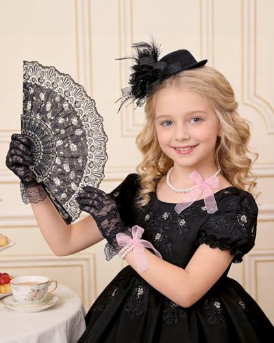 Zinniday Girls Tea Party Hats Set - 5 Pcs Mini Top Hat with Pearl Necklace Bracelet Hand Fan and Lace Gloves for Party - color: Black