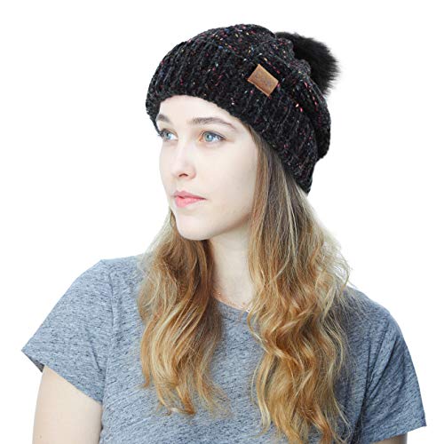 Women and Men Beanie Daily Winter Oversized Thick Stretchy Knitted Pom Pom Beanie Fleece Lined Beanie Hat - color: 3. Chenille Black