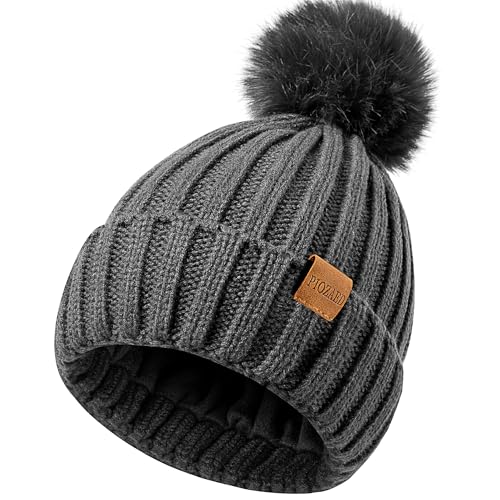 Womens Winter Beanie Hat Fleece Lined Warm Skull Cap with Faux Fur Pom Cuff Knitted Hat for Women - color: Gray