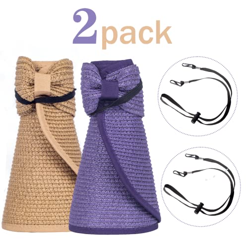 Women Sun Visors Foldable Straw Hats Summer Beach Packable Hat Floppy Wide Brim Cap Deep Style, Adjustable Size - color: Purple Khaki