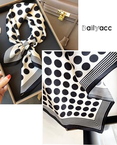 Dailyacc Hair Bandanas Scarf For Women Lightweight Fashion Neck Silk Satin Head Scarves For Sleeping Handbags Scarf - color: 21-black and White Dots/27.5*27.5in