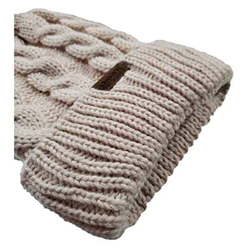 Novarena Thick Cable Knit Faux Fuzzy Fur Pom Fleece Lined Skull Cap Cuff Beanie - color: Beige Pom Beanie
