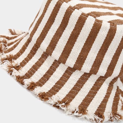 Quanhaigou Frayed Unisex Sun Hats, Fashion Beach Bucket Hat for Men Women,Summer Outdoor Boy's Girls Boonie Cap - color: Stripe Beige Brown