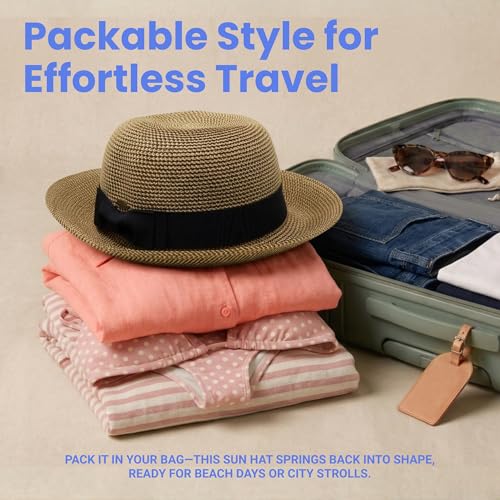 Funky Junque Foldable Wide Brim Straw Sun Hat, Packable Beach Cap - color: Brown Mix