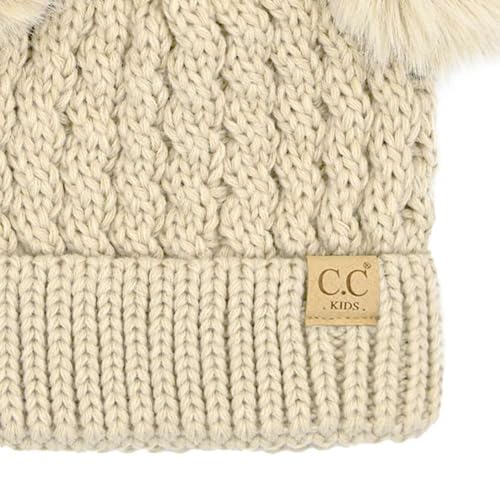 C.C Kids' Cable Knit Double Pom Beanie for Kids - Comfortable Soft Warm Children Skully Hat with Pom - color: Matching Faux Fur Pom Beige