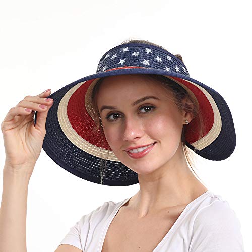 Women Sun Visors Foldable Straw Hats Summer Beach Packable Hat Floppy Wide Brim Cap Deep Style, Adjustable Size - color: American Classic