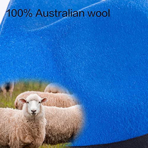 Felt Wide Brim Fedora Hats for Women Men, with Band Belt Buckle, Adjustable - color: 010 Blue