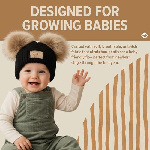 Funky Junque Double Pom Pom Baby Beanie – Newborn Girl Winter Hat 0–12 Months, Cute Cozy Knit Infant Beanies for Cold Weather - color: Diagonal Basketweave Pattern - Black (2 Pom)