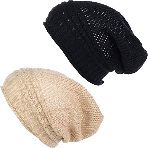 BYOS Women's Airy Cool Lightweight Cutout Long Slouchy Crochet Knit Beanie Hat - color: 2 Pack-net Lt.beige & Bk