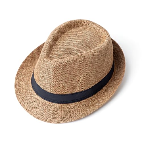 Classic Short Brim Fedora Summer Beach Trilby Hat - color: Black Band-khaki