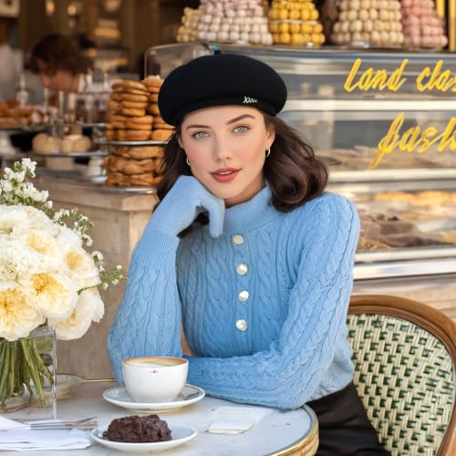 Women French Wool Berets,Winter Hats Fashion Solid Color Ladies Beret Caps - color: Black
