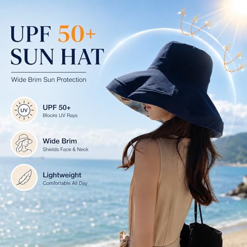 HUAMULAN Wide Brim Women Summer Sun Floppy Hat Reversible Beach Bucket Hat - color: M2320-navy