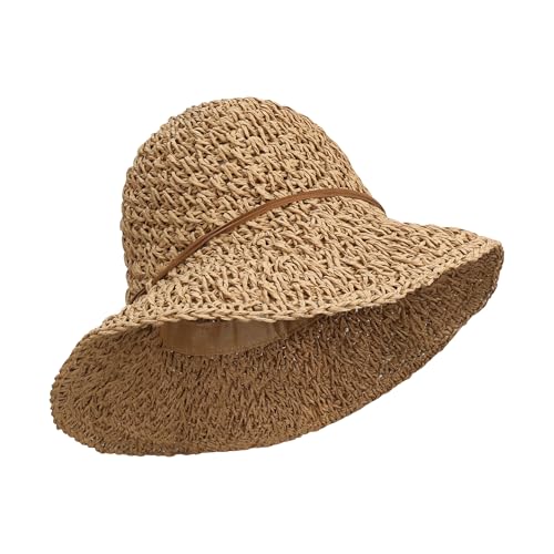 Women Wide Brim Sun Hat UPF50 Straw Summer Hat Floppy Beach Hat Roll-Up - color: Straw Hat Khaki
