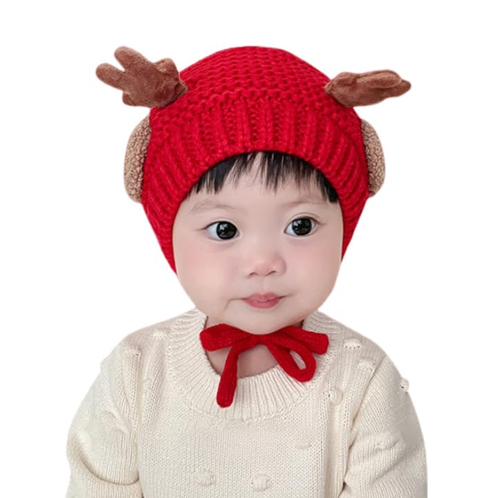 AIBEARTY Cute Deer Elk Antlers Baby Hat Winter Warm Plush Knitted Ear Warmer Bonnet Boys Girls Cap Beanie with Chin Strap - color: Red