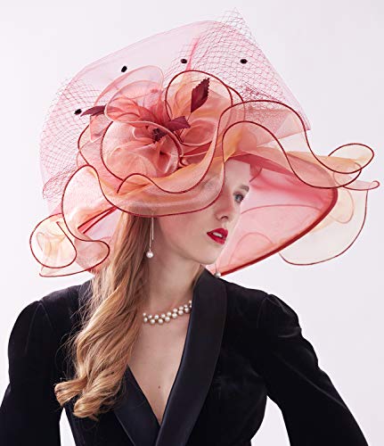 ORIDOOR Women Hats Headband Hairpin Organza Fascinator Church Hat Floral Tea Party Wedding Hat - color: 003e Wine Red