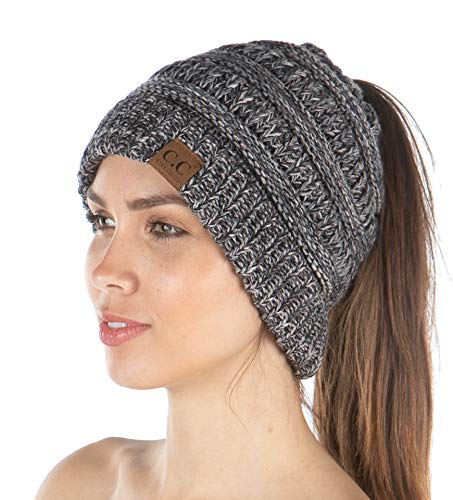 Funky Junque Exclusives Ponytail Beanie for Women – Cable Knit Womens Winter Hat, High Pony Tail Running Beanies - color: Grey, Black, Beige, French Beige - 4 Tone Mix
