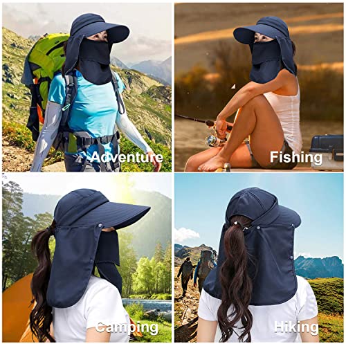 Women Wide Brim Face Mask Sun Hat Detachable Neck Face Flap Ponytail UV Protection Visor Hat Garden Fishing Hiking - color: A4-shun005-navy