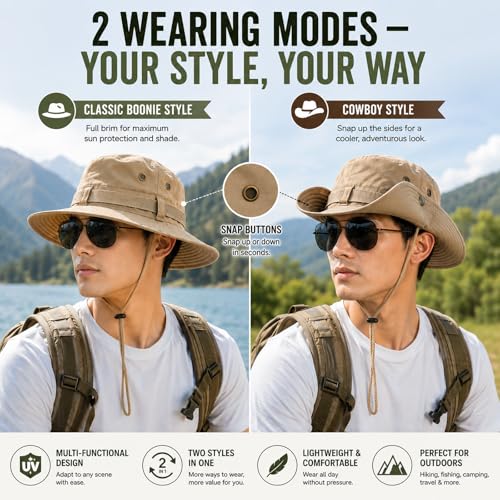 Taeku Sun Hat, Unisex Wide Brim Bucket Hat Sun Protection Cap Breathable Boonie Hat for Fishing Hiking Gardening Safari - color: Light Khaki