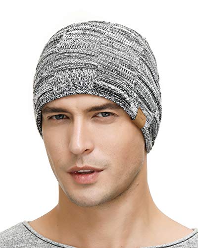 Vgogfly Slouchy Beanie for Men Winter Hats for Guys Cool Beanies Mens Lined Knit Warm Thick Skully Stocking Binie Hat Pairs - color: Light Grey / Navy
