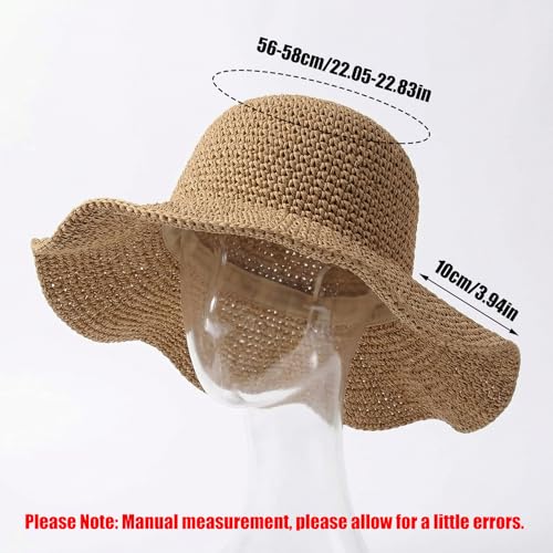 KXF Summer Beach Straw Sun Hats for Women Ladies Floppy Foldable Straw Sun Caps Summer Wide Brim Packable Womens Outdoor Hat - color: Khaki