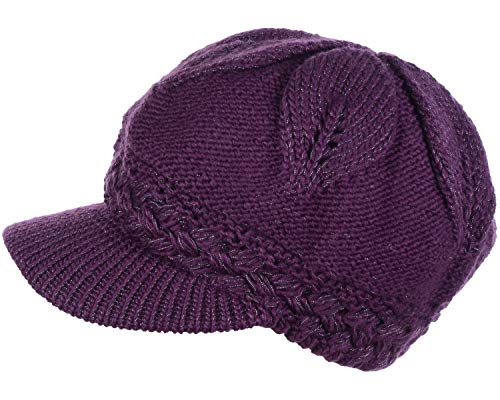 BYOS Womens Winter Chic Cable Warm Fleece Lined Crochet Knit Hat W/Visor Newsboy Cabbie Cap - color: Braided Front Purple