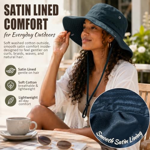 Womens Satin Lined Sun Hat UV Protection Washed Cotton Sun Hat with Satin Lining for Outdoor Beach Travel Hiking - color: Navy Blue, size: One Size-Large