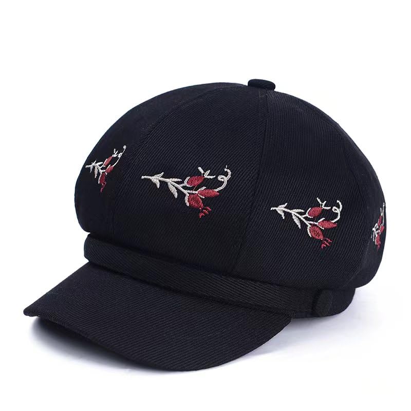 Women Retro Classic Visor Newsboy Cabbie Cap Beret Hats with Flower Buckle for Woman Ladies - color: 11black