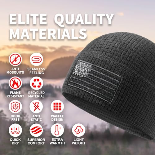 OUTDOOR SHAPING Grid Fleece Beanie with American Flag Embroidery Waffle Skull Cap - color: Grey