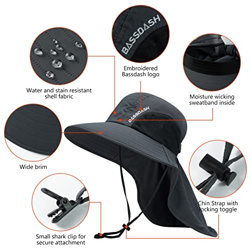BASSDASH UPF 50+ Unisex Water Resistant Wide Brim Sun Hat with Large Neck Flap Ponytail Fishing Hat for Men Women - color: Dark Grey