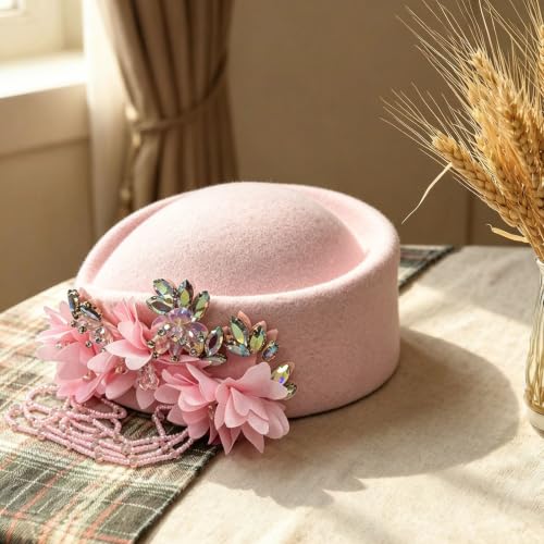 Women's Retro British Felt Headscarf Hat Church Derby Headdress with Floral Women's Soft Beret - color: 02 Light Pink