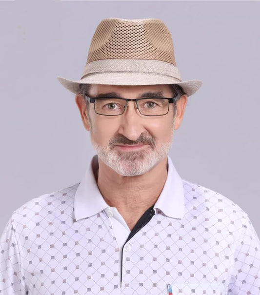 Men Straw Fedoras Summer Trilby Hat Vintage Mesh Panama Sun Hat Short Brim Beach Travel Hat British Jazz Hat Outdoor Bucket - color: Half Khaki