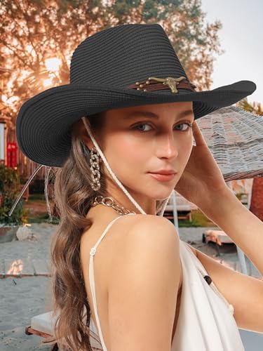Straw Cowboy Sun Hat Western Cowgirl Women Men with Windproof Chin Strap - color: 블랙.