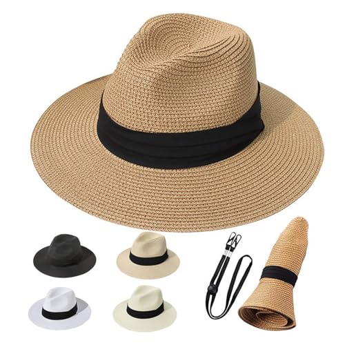 Womens Mens Wide Brim Straw Panama Hat Beach Sun Hat Summer Wide Brim Straw Roll up Hat Fisherman's UPF 50 - color: Off-white