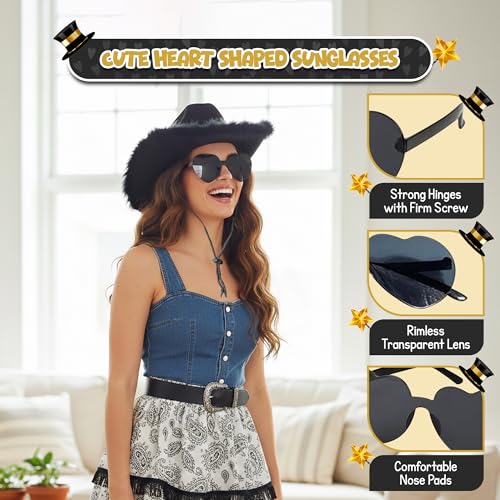 4E's Novelty Cowboy Hat with feathers With Heart Shaped Sunglasses for Women, Felt Cowgirl Hat for Party Costume Dress Up - color: Black