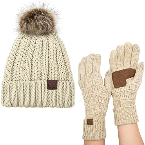 C.C Pom Cable Knit Beanie and Glove Set - color: Beige