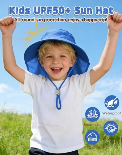 Rosoz Kids Sun Hat with Neck Flap UV Protection Summer Toddler Beach Hat Unisex Ponytail Hat Wide Brim Fishing Hat - color: 1pack-sapphire Blue