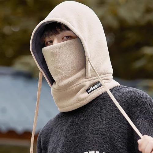 Winter Fleece Ski Mask for Men Women Balaclava Face Mask Windproof Thermal Hood Winter Full Face Neck Cover Warmer - color: Khaki White Logo