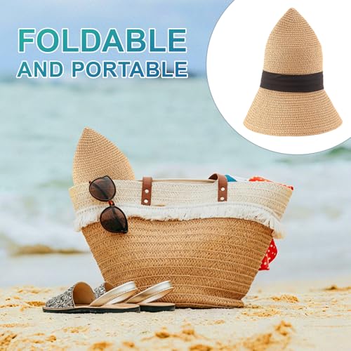 DRESHOW Women Straw Panama Hat Travel Fedora Beach Sun Hat Summer Wide Brim Straw Roll up Hats UPF 50+ - color: Fedora L Khaki