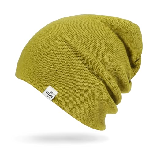 CLAPE Cuff Rolled Beanie for Men Women, Soft Knit Winter Hat Double-Layer Warm Ski Skull Cap Stretch Fit - color: Clkh02-oliveyellow