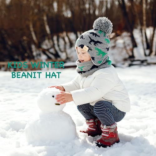Beanie Knit Hats for Toddlers with Earflap Fleece Lined Hat Kids Warm Winter Hat Scarf Set Children's Thick Ski Cap - color: Big Dinosaur-navy