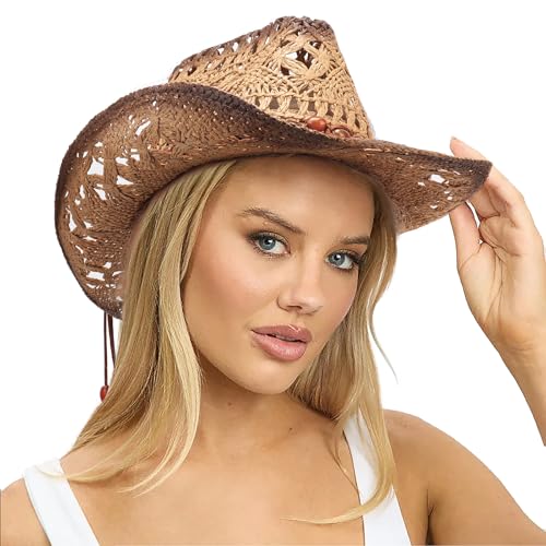 AQOKKA Straw Cowboy Hats for Women Men Western Cowgirl Hats with Shapeable Brim Woven Hollow Out Unisex Beach Roll Up Caps - color: Brown Beads Cowboy Hats : Khaki+coffee Spray-painted