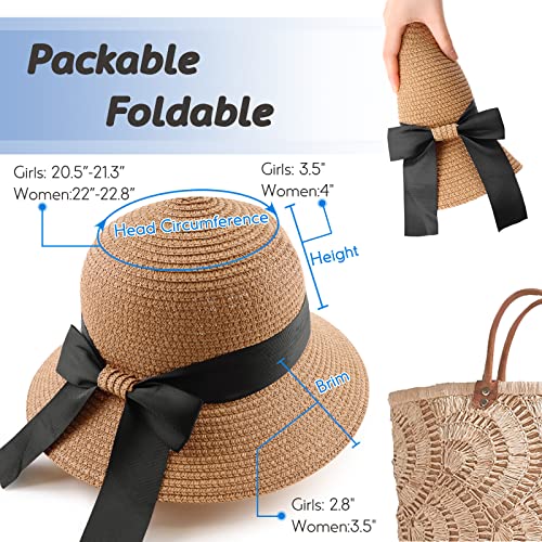 Zsedrut Women,Little Girls Straw Sun Hat Summer Beach Cap Foldable Visor Floppy Hats Wide Brim with Bowknot - color: Khaki, size: One Size