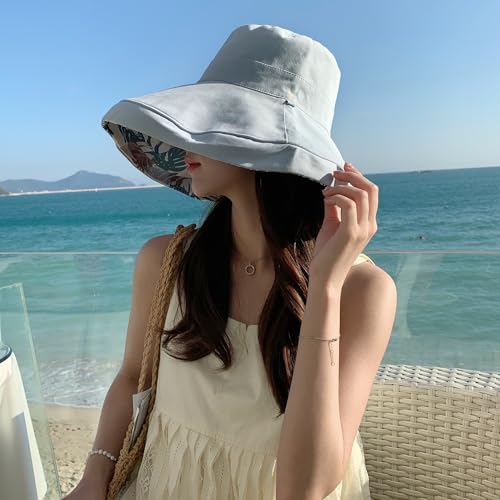 Women Wide Brim Sun Protection Hat Summer Fishing Hats - color: Blue and Leaf Print