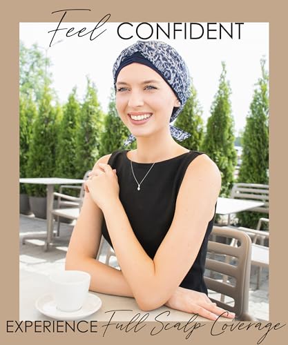CAPLORD Chemo Headwrap for Women Turban Headwear for Cancer Patients Skull Cap Hair Loss Cover Lightweight Head Covering Hat - color: Navy Pattern