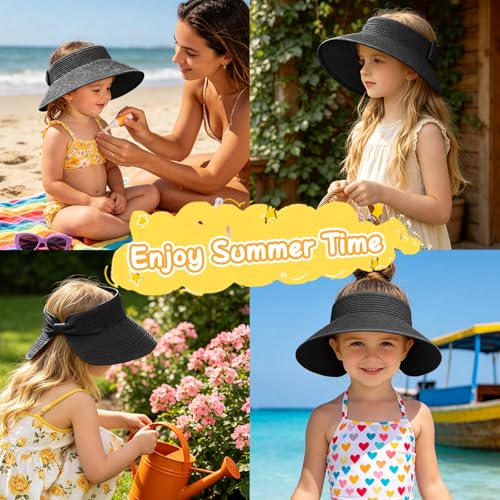 Girls Sun Visor Hat with Ponytail Hole Wide Brim Beach Straw Visor UPF 50+ - color: 1pack-black