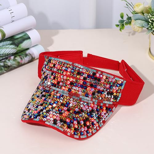 Bling Visor Shiny Rhinestones Sport Sun Adjustable Summer Cap Visor Caps for Women Men - color: C-red