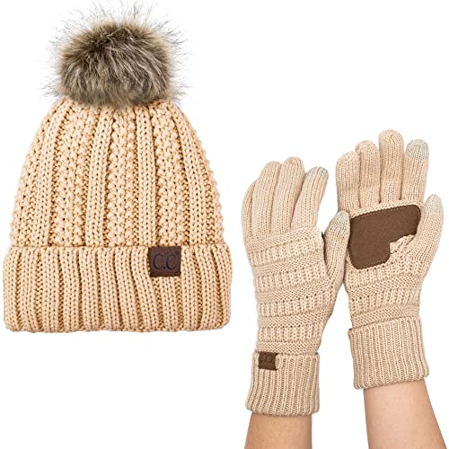 C.C Pom Cable Knit Beanie and Glove Set - color: New Beige